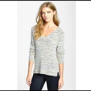 Eileen Fisher Blurred Cotton Stripe Vneck Sweater size PL Blue/Cream